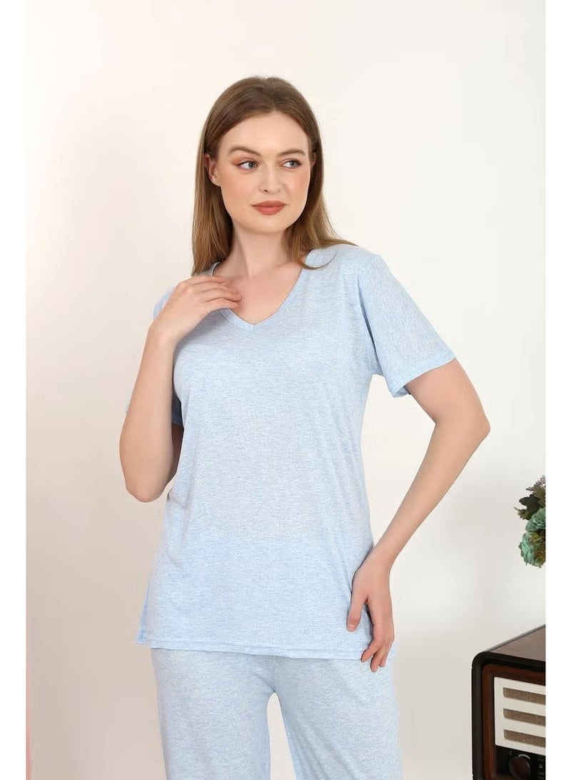 Akbeniz Women's Short Sleeve Cotton Combed Pajama Set Blue 4213 - Image 2